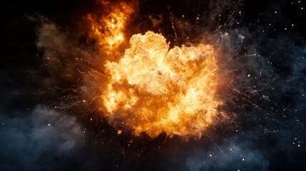 Leinwandbilder - Fiery explosion with intense orange and yellow flames against a dark background, showcasing smoke and debris particles. : Generative AI