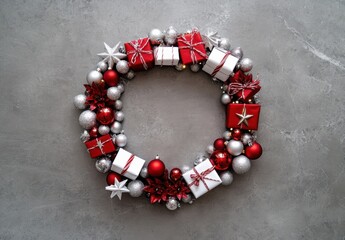 Aufkleber - A festive Christmas wreath crafted from red and silver ornaments, presents, and stars, arranged on a grey textured background. : Generative AI