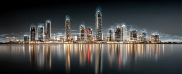 Poster - Night cityscape with illuminated skyscrapers reflected in calm water, overlaid with digital network lines illustrating modern city connectivity and technological advancement. : Generative AI