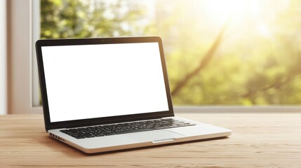 Aufkleber - Modern laptop computer with blank screen sits on wooden desk near window with bright sunlight and blurred green foliage background. : Generative AI