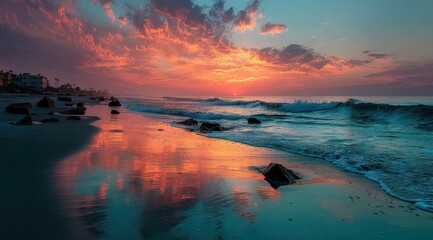Poster - Serene coastal sunset scene with vibrant orange and pink hues reflected on wet sand, gentle waves lapping the shore near rocks and distant buildings. : Generative AI