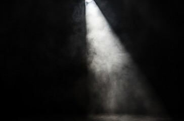 Poster - A single spotlight illuminates a dark room, its beam cutting through thick, ethereal smoke, creating a dramatic and mysterious atmosphere. : Generative AI