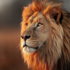Aufkleber - Majestic African lion, golden sunset light illuminating its magnificent mane, profile view showcasing powerful features and intense gaze. : Generative AI