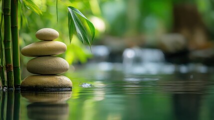 Aufkleber - Serene zen garden scene: Balanced stones rest on calm water, nestled beside lush bamboo stalks and vibrant green foliage, creating a tranquil atmosphere. : Generative AI