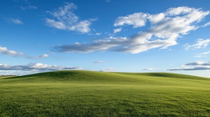 Poster - Rolling green hills under a vibrant blue sky with fluffy white clouds, a picturesque landscape perfect for nature photography or travel brochures. : Generative AI