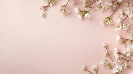 Leinwandbilder - Delicate white blossoms arranged on a soft pink background, creating a beautiful spring floral border with ample copy space. : Generative AI