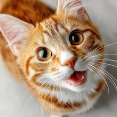 Aufkleber - Close-up portrait of an adorable ginger kitten with bright, curious eyes, open mouth, and long white whiskers, looking directly at the camera against a neutral background. : Generative AI