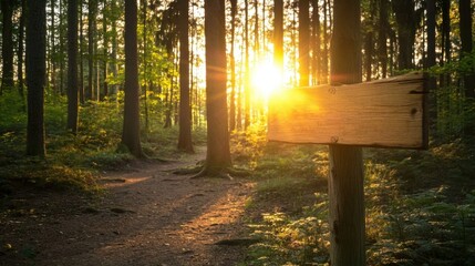 Fototapete - A rustic wooden signpost stands at a forest trail, bathed in the warm golden light of a setting sun, inviting exploration. : Generative AI