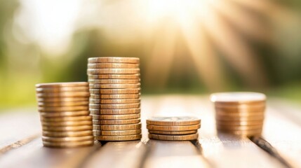Poster - Stacks of golden coins on wooden surface, backlit by sunlight, representing financial growth and savings. : Generative AI