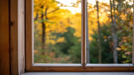 Poster - Wooden window frame showcasing a blurred autumnal forest landscape, bathed in the warm golden light of sunset, offering a tranquil and peaceful view. : Generative AI