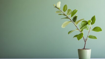 Leinwandbilder - A small, vibrant green plant in a pale green pot sits against a sage green wall, offering a serene and minimalist image. : Generative AI