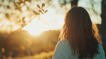 Fototapete - Woman with long brown hair, facing sunset, stands in a field with blurred trees and golden light, enjoying the peaceful evening atmosphere. : Generative AI