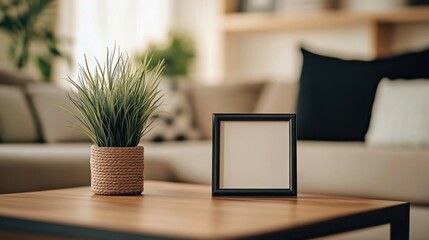 Poster - Empty picture frame and potted plant on a wooden coffee table in a modern living room, showcasing a minimalist home interior design. : Generative AI