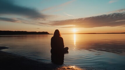 Poster - Silhouette of a woman meditating in calm lake water at sunset, golden hour light reflecting on the tranquil surface. : Generative AI