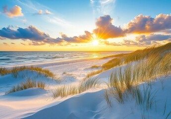 Fototapete - Serene sunset over a pristine beach, golden hour light illuminating the sand dunes and seagrass, creating a tranquil coastal scene. : Generative AI