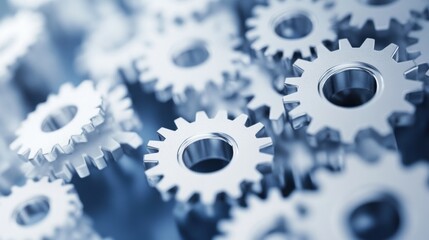 Fototapete - Close-up view of many metallic gears interlocked, showcasing intricate details and a cool blue tone, suggesting precision engineering and complex machinery. : Generative AI