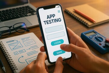 App testing on mobile phone with login interface and test environment setup on wooden desk

