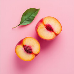 Aufkleber - Two juicy peach halves, cut open, revealing their vibrant yellow flesh and red skin, rest on a pink background, accompanied by a single green leaf. : Generative AI
