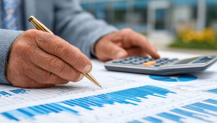 Fototapete - A senior businessman's hands meticulously analyze financial charts and graphs using a calculator and gold pen, showcasing detailed data analysis. : Generative AI