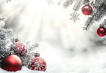 Aufkleber - Red christmas baubles with snowflake design rest on snow near frosted pine branches, winter wonderland scene. : Generative AI
