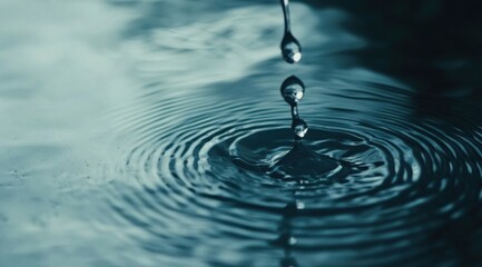 Aufkleber - A single water droplet falls, creating concentric ripples on a calm, dark teal surface; a mesmerizing study of liquid dynamics and tranquility. : Generative AI