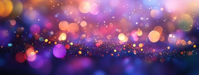 Fototapete - Vibrant bokeh lights and glitter create a dazzling festive backdrop, perfect for celebratory designs or glamorous presentations.  The image features a rich blend of purple, pink, orang : Generative AI