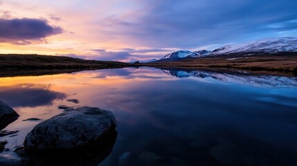 Fototapete - Serene sunset reflection over a calm lake, mirroring snow-capped mountains and a vibrant, colorful sky.  Rocks in the foreground add depth and texture to this idyllic landscape. : Generative AI