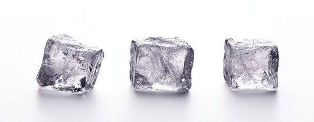 Fototapete - Three translucent ice cubes, positioned in a row against a stark white background, showcase their crystalline structure and icy texture. : Generative AI