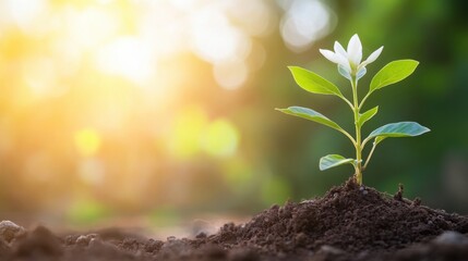Poster - A single young plant with a white flower blossoms in rich soil, bathed in warm sunlight against a blurred green background. : Generative AI