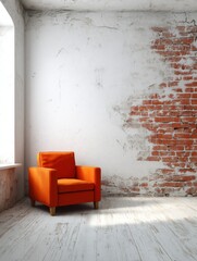 Leinwandbilder - Orange armchair in a minimalist room with exposed brick wall and whitewashed floor, offering a modern, rustic interior design aesthetic. : Generative AI