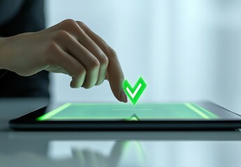 Fototapete - Woman's finger taps a glowing green checkmark on a digital tablet screen, signifying approval, confirmation, or successful completion of a task. : Generative AI