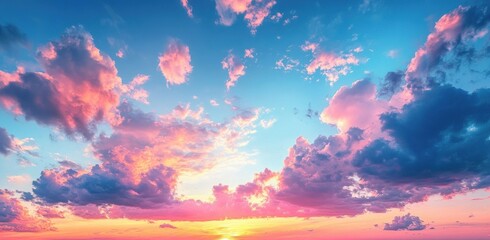 Fototapete - A breathtaking sunset paints the sky with vibrant hues of pink, orange, and blue, as fluffy clouds drift across the horizon, creating a dramatic and colorful scene. : Generative AI