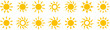© Sakeba - Yellow sun icon set, sunshine and solar glow, sunrise or sunset. Decorative circle full and half sun and sunlight.