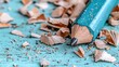 © Vitalii - Close-up of a blue pencil with a sharpened tip. the pencil is lying on a turquoise-colored surface with shavings scattered around it.