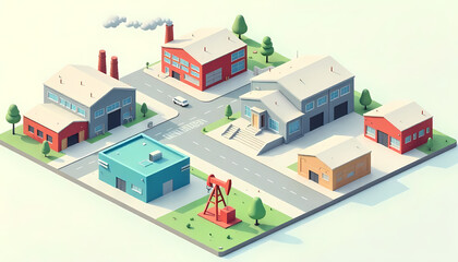 A vibrant and engaging illustration of a stylized industrial cityscape layout with bright colors.