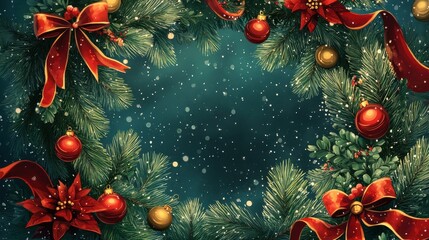 Wall Mural - christmas wreath background. merry christmas and happy new year lettering greeting card design with 