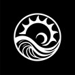 © DesignINKZ - Sun and Wave Circle: A circular design featuring a stylized sun with a crescent moon behind it rising above stylized waves. Perfect for use as a logo, emblem, or symbol.