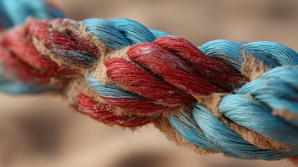 Macro shot of beach volleyball threads starting to fray, sand in background