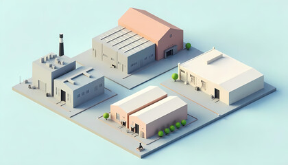 Wall Mural - A vibrant isometric illustration presenting a collection of urban industrial buildings in a cool palette.
