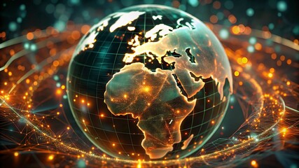 Wall Mural -  Earth from space, glowing city lights, interconnected world, digital connections, futuristic planet view, orange and blue glow, satellite communications