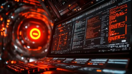 Futuristic computer screen displays lines of code, set against a glowing circular backdrop
