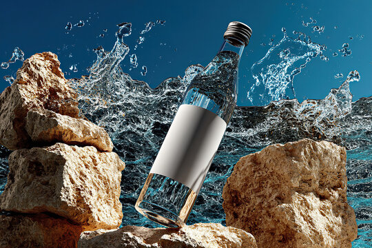 Glass bottle of water on rock against splashing water, showcasing purity and refreshment in a natural setting.
