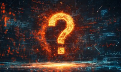 Fiery question mark amidst digital chaos