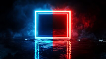 Fototapete - Blue and red square with a white border is lit up and surrounded by smoke. The blue and red colors create a sense of contrast and tension, while the smoke adds a mysterious and eerie atmosphere