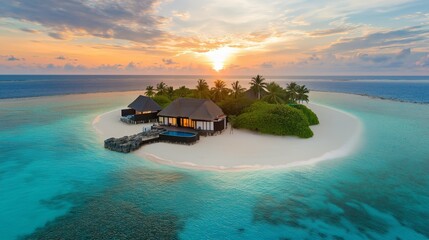 Wall Mural - breathtaking sunset over a tropical beach with a secluded wooden house and lush greenery