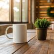 © Elenba - Blank white mug and potted plant on a wooden table near a window, with copy space