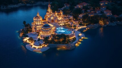 Wall Mural - mysterious illuminated castle reflects in waters near a rocky shore at dusk in a serene landscape
