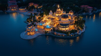 Wall Mural - mysterious illuminated castle reflects in waters near a rocky shore at dusk in a serene landscape