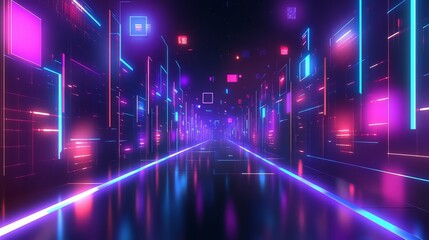 Aufkleber - Neon city street with a bright blue sky. The street is filled with neon lights and the buildings are lit up in a variety of colors. Scene is energetic and futuristic