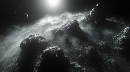 Wall Mural - A digitally rendered view of a rocky celestial body with a luminous source.